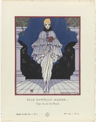 Gazette du Bon Ton, 1914 - nr. 5, pl. 45: Hennes navn er Manon (...) / Evening cape av Doucet (tittel på objekt)