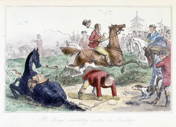 Hunter faller fra hesten sin. Engelsk tegneserie fra eventyrene til Thomas Scott eller Hawbuck Grange”, illustrasjon av H.K. Browne og W.T. Maud.