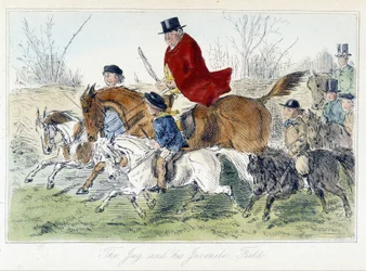 Jaktscene, engelsk karikatur om revejakt henter fra "" eventyrene til Thomas Scott eller Hawbuck Grange", illustrasjon av H.K. Browne og W.T. Maud.