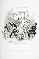 Emotion of Mr. Kenwigs på å høre familienyhetene fra Nicholas, illustrasjon fra `Nicholas Nickleby