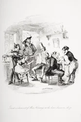 Stor begeistring hos frøken Kenwigs i frisørbutikken, illustrasjon fra `Nicholas Nickleby