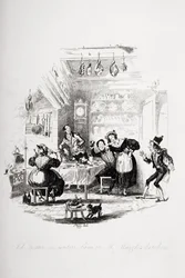 Job Trotter møter Sam i Mr. Muzzles kjøkken, illustrasjon fra `The Pickwick Papers