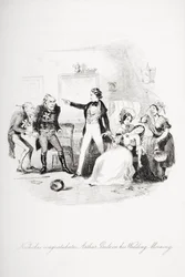 Nicholas gratulerer Arthur Gride med bryllupsmorgenen, illustrasjon fra `Nicholas Nickleby