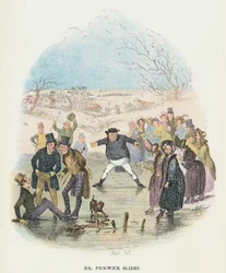 Scene fra The Pickwick Papers av Charles Dickens, 1836