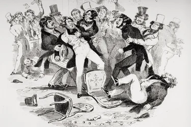Det siste slagsmålet mellom Sir Mulberry og hans elev, illustrasjon fra `Nicholas Nickleby