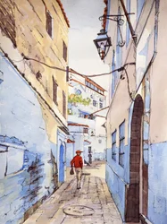 En besøkende, Chefchaouen, Marokko, ca. 2024 (akvarell og blekk)