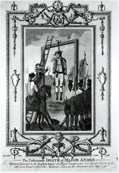 Den uheldige døden til major Andre, generaladjutant til den engelske hæren, ved hovedkvarteret i New York, 2. oktober 1780, gravert av John Goldar (1729-1795)