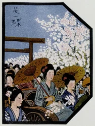 Kvinner med paraplyer i en rickshaw i Japan - i "" japanske dukker"" av Félicien Champsaur, ill. av Hanafusa Itcho