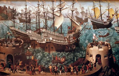 Ombordstigning av Henrik VIII (1491-1547) ved Dover på galionen Henri Grace a Dieu” i anledning handelen signert med Francois I (Camp du Drap d
