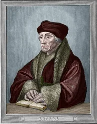 Portrett av Didier Erasme (Erasmus av Rotterdam) (1469 - 1536), nederlandsk humanist. Gravering etter originalen av Holbein Hans den unge (1497-1543). Gravering av 1859 i "" galleriene i Europa - Italia "" av armengaud. Privat samling.