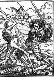 Hans Holbein den yngres (1497-1543) Dødsdans: soldaten. En soldat kjemper mot Døden; ved deres føtter ligger likene av andre krigere. Gravering.