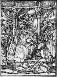 Simuleringene av døden til Hans Holbein den unge (1497-1543): keiseren. Mens Døden tar bort keiserens krone, ber en bonde ham om rettferdighet. Gravering.