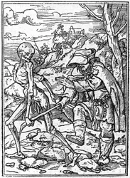 Dødens bilder av Hans Holbein den yngre (1497-1543): den blinde. Døden griper den blindes stokk og fungerer som veiviser. Stikk.