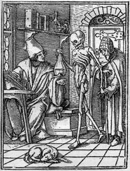 Simuleringene av døden til Hans Holbein den yngre (1497-1543): legen. Døden kommer mellom legen og pasienten hans. Gravering.