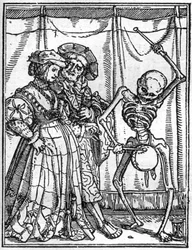Dødens bilder av Hans Holbein den yngre (1497-1543): ektefellene. Døden spiller tromme foran et par. Gravering.