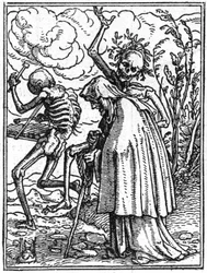 Fremstillingene av døden av Hans Holbein den yngre (1497-1543): Den gamle kvinnen. Døden følger en gammel dame til hennes skjebne. Stikk.
