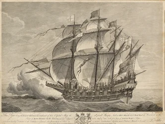 Dette trykket er den nøyaktige representasjonen av det skipet som den store Harry bygde ved Hans Majestets dokk i Woolwich under kong Henrik den 8.s regjeringstid i 1514...