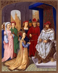 Dronningen av Saba før Salomo - Miniatyr av breviaryet til kardinal Grimani tilskrevet Memling, Biblioteca Marciana, Venezia.. 1400-tallet.