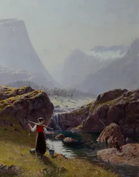 Jente med bøtter med vann og guttefiske (olje på lerret)