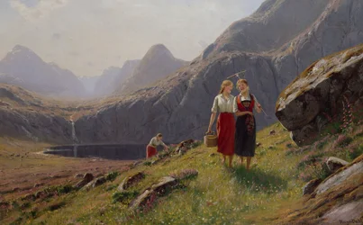 Tre jenter ved fjellsjøen på Vestlandet (olje på lerret)