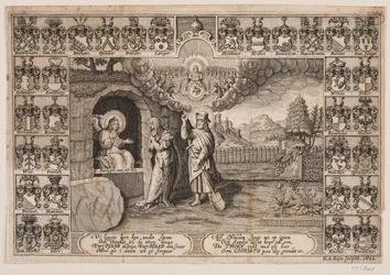 Tittelside til gravprekenen til Ida Langs med skildring av Kristus som gartner og Maria Magdalena