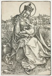 Madonna og barn på en gresskledd benk