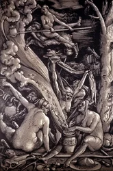 Heksesabbaten, gravering av Hans Baldung Grien, tysk maler, gravør og tegner (1484-1545)