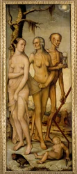 Livets aldre: En ung kvinne, en gammel mann og et skjelett som holder et timeglass. 1540. Mål: 1,51 x 0,61 m. Madrid, Prado-museet