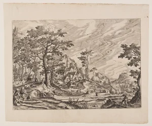 Utsikt over en landsby, en mann som bærer en trillebår, plate 8 fra Landskap med utsikt over landsbyer