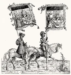 To monterte riddere, fra Maximilians Triumfprosesjon, ca. 1516-18
