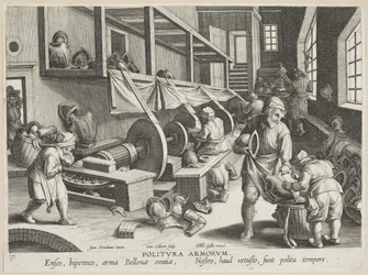 Politura Armorum (Poleringsvåpen), plate 17 fra serien Nova Reperta (Modern Discoveries) c.1588 (gravering på lagt papir)