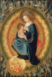 Maria som ammer barnet i en engleherlighet. 1500-10