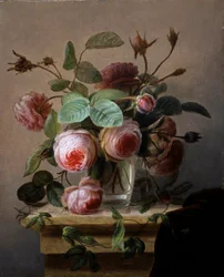 Stilleben av rosa roser i en glassvase. Maleri av Hans Hermann (1813–1890). Privat samling.