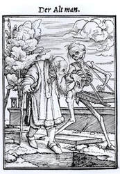 Døden og den gamle mannen, fra «Dødsdansen», gravert av Hans Lützelbürger, ca. 1538