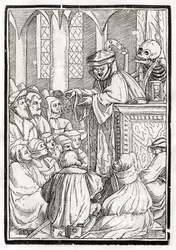 Døden kommer for predikanten, gravert av Georg Scharffenberg, fra 'Der Todten Tanz', utgitt Basel, 1843