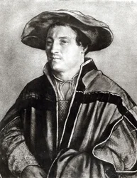 Portrett av en mann med rød hatt, ca. 1530 (kritt og wc på papir)