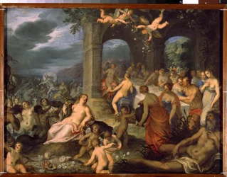 Gudenes festmåltid, bryllupet mellom Peleus og Thetis. Til venstre havguddommer, tritoner og najader. I midten jordgudinnen Tellus Mater, eller Terra Mater eller Gaia, med et overflødighetshorn