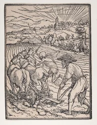 Bonden eller plogmannen, fra Dødsdansen, ca. 1526, publisert 1538.
