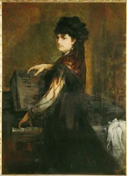 Amalie Makart, født Rothmayr, kunstnerens første kone, ved pianoet … (maleri på lerret)