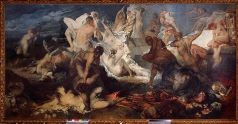 Slaget mellom kentaurer og lapither. I gresk mytologi massakrerte lapithene kentaurene. Maleri av Hans Makart (1840-1884). Østerriksk kunst, jugendstilperioden. Statens museum F