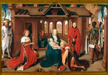 Tilbedelse av magiene. Sentralpanel av triptyken til Prado (olje på tre, ca. 1470)
