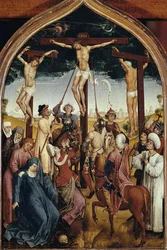 Korsfestelse, høyre del av diptyken av Jeanne de France (Crucifixion, fra Diptych of Jeanne of France) - Maleri av Hans Memling (1435/40-1494), olje på tre, 52x36 cm. Chantilly, Musee Conde.