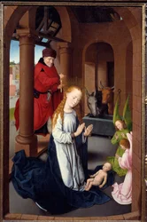 Triptych of Adoration of the Magi. Detalj av venstre panel: La Nativite. Detrempe på tre av Hans Memling (1433-1494), ca 1470. Madrid. Prado-museet