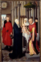 Triptych of Adoration of the Magi. Detalj av høyre panel: Presentasjon ved tempelet. Detrempe på tre av Hans Memling (1433-1494), ca 1470. Madrid. Prado-museet