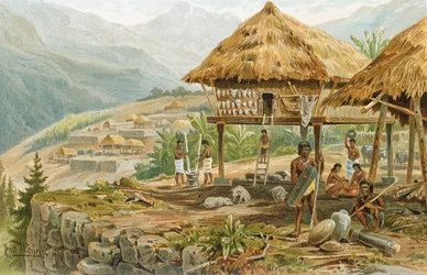 Igorrote-gård på Luzon, Filippinene, fra «Menneskehetens historie», bind 1, av professor Friedrich Ratzel, 1896