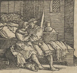 Spinneloccio Închis într-un cufăr, pe care sunt așezați soția sa și Zeppa, din..., înainte de 1534. norvegian