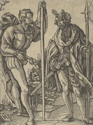 To soldater med lanse og hellebard i samtale, ca. 1515.