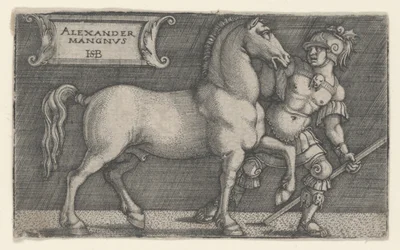 Alexander den store ledende Bucephalus, ca. 1531-1550 (gravering)