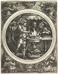 Mucius Scaevola holder hånden i ilden, ca. 1520.
