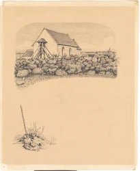 Illustrasjon for St. St. Bleachers: "Mowns". F.o.: kirke bak steiner; f.n.: gravsted (?) med spade